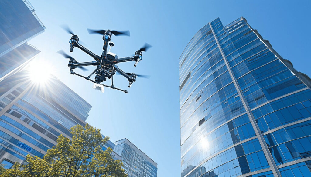 Drone en train de nettoyer la façade d'un immeuble — Drone Service. comment le nettoyage par drone revolutionne lentretien des batiments
